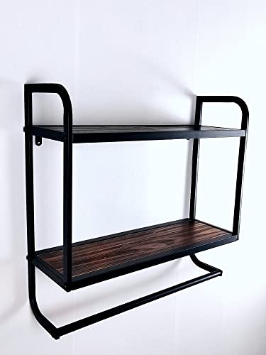 2-Tier Bathroom Shelves Wall Mounted,23.6"L x 7.87"W x 22.8"H, Rustic Wall Shelf Over Toilet,Towel Rack with Towel Bar,Utility Storage Shelf Rack, Floating Shelves Towel Holder,Retro Black