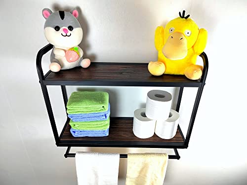 2-Tier Bathroom Shelves Wall Mounted,23.6"L x 7.87"W x 22.8"H, Rustic Wall Shelf Over Toilet,Towel Rack with Towel Bar,Utility Storage Shelf Rack, Floating Shelves Towel Holder,Retro Black