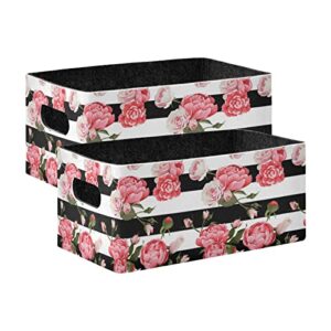 oyihfvs floral peony and roses flowers on black white stripes 2 pcs collapsible storage bins baskets, foldable felt fabric organizer cube boxes storage bags for shelves closet home decor