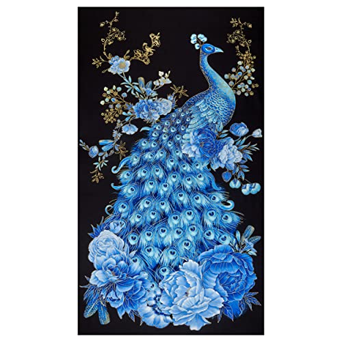 Timeless Treasures Metallic Royal Plume Peacock 24in Panel Black Fabric