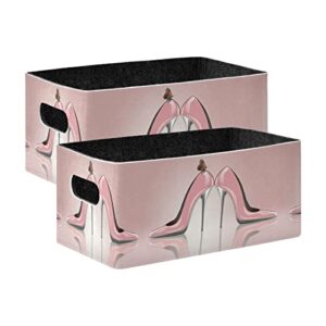 oyihfvs elegant pink high heel shoes with butterfly 2 pcs collapsible storage bins baskets, foldable felt fabric organizer cube boxes storage bags for shelves closet home decor