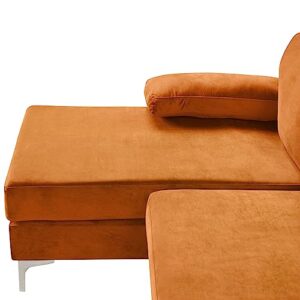 Casa Andrea Milano Modern Large Velvet Fabric Sectional Sofa, L-Shape Couch with Extra Wide Chaise Lounge, Orange