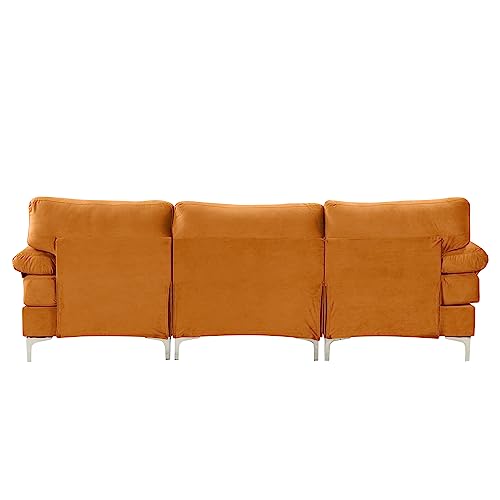 Casa Andrea Milano Modern Large Velvet Fabric Sectional Sofa, L-Shape Couch with Extra Wide Chaise Lounge, Orange