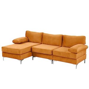Casa Andrea Milano Modern Large Velvet Fabric Sectional Sofa, L-Shape Couch with Extra Wide Chaise Lounge, Orange