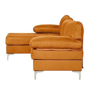 Casa Andrea Milano Modern Large Velvet Fabric Sectional Sofa, L-Shape Couch with Extra Wide Chaise Lounge, Orange