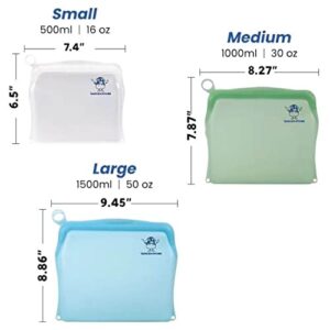 Gaia's Eco Kitchen Multipurpose Reusable Food Storage Bags - Silicone Pouches - Leakproof, Sustainable - Fresh & Frozen Meals, Snacks, On-The-Go - Freezer, Oven, Microwave, Dishwasher Safe - 3 Pack (16 oz, 30 oz, & 50 oz)
