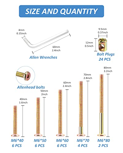 ALLWIN Crib Screws Hardware Replacement Kit - 24 Set Baby Bed Frame Bolts &Barrel Nuts Set for Delta/Graco/Dream On Me, M6x40mm/ 50mm/ 60mm/ 70mm/ 80mm Hex Drive Socket Cap Screws Barrel Nuts