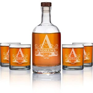 personalized whiskey decanter set for men - custom 5pc monogram whiskey decanter and glass set - scotch, liquor cups for dad - customized bourbon decanter set with glasses by on the rox drinks