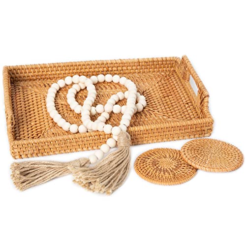 Rattan Tray, Rectangular Woven Tray, Decorative Serving Tray with Rattan Coasters and Wooden Bead Garland, for Drinks, Fruit, Bread Serving (13.3 Inch)