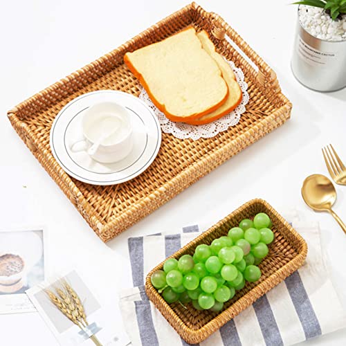 Rattan Tray, Rectangular Woven Tray, Decorative Serving Tray with Rattan Coasters and Wooden Bead Garland, for Drinks, Fruit, Bread Serving (13.3 Inch)