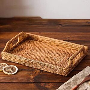 Rattan Tray, Rectangular Woven Tray, Decorative Serving Tray with Rattan Coasters and Wooden Bead Garland, for Drinks, Fruit, Bread Serving (13.3 Inch)