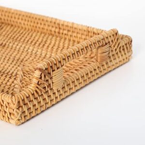 Rattan Tray, Rectangular Woven Tray, Decorative Serving Tray with Rattan Coasters and Wooden Bead Garland, for Drinks, Fruit, Bread Serving (13.3 Inch)