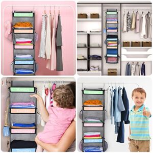 BTideas Weekly Hanging Clothes Organizer for Kids, 6-Shelf Kids Closet Organizers and Storage, 48"x12"x12" Collapsible Daily Kids Clothes Organizer Hanging Closet Shelves with 6 Side Pockets (Gray)