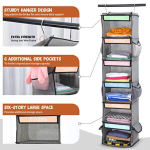 BTideas Weekly Hanging Clothes Organizer for Kids, 6-Shelf Kids Closet Organizers and Storage, 48"x12"x12" Collapsible Daily Kids Clothes Organizer Hanging Closet Shelves with 6 Side Pockets (Gray)