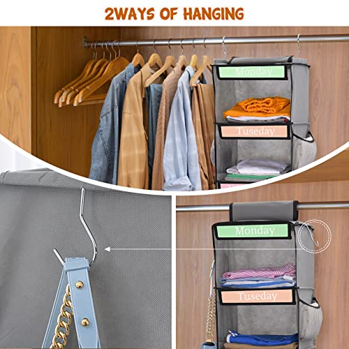 BTideas Weekly Hanging Clothes Organizer for Kids, 6-Shelf Kids Closet Organizers and Storage, 48"x12"x12" Collapsible Daily Kids Clothes Organizer Hanging Closet Shelves with 6 Side Pockets (Gray)