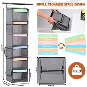 BTideas Weekly Hanging Clothes Organizer for Kids, 6-Shelf Kids Closet Organizers and Storage, 48"x12"x12" Collapsible Daily Kids Clothes Organizer Hanging Closet Shelves with 6 Side Pockets (Gray)