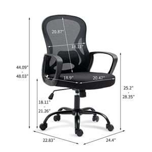 HOMEFUN Black Office Chair with Wheels, Wide Seat Mesh Home Desk Chairs Rolling Computer Swivel Chair Mid Back Adjustable Height with Back Support