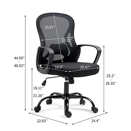 HOMEFUN Black Office Chair with Wheels, Wide Seat Mesh Home Desk Chairs Rolling Computer Swivel Chair Mid Back Adjustable Height with Back Support