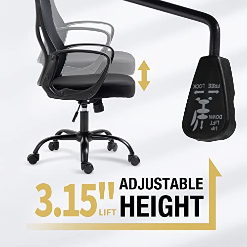 HOMEFUN Black Office Chair with Wheels, Wide Seat Mesh Home Desk Chairs Rolling Computer Swivel Chair Mid Back Adjustable Height with Back Support