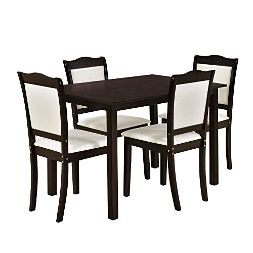 P PURLOVE 5 Pieces Dining Table Set, Kitchen Table with 4 Upholstered Chairs, Simple Style Dining Set for 4 Persons, Easy to Clean and Assemble (Espresso and Beige)