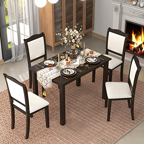 P PURLOVE 5 Pieces Dining Table Set, Kitchen Table with 4 Upholstered Chairs, Simple Style Dining Set for 4 Persons, Easy to Clean and Assemble (Espresso and Beige)