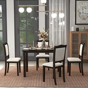 P PURLOVE 5 Pieces Dining Table Set, Kitchen Table with 4 Upholstered Chairs, Simple Style Dining Set for 4 Persons, Easy to Clean and Assemble (Espresso and Beige)