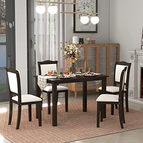 P PURLOVE 5 Pieces Dining Table Set, Kitchen Table with 4 Upholstered Chairs, Simple Style Dining Set for 4 Persons, Easy to Clean and Assemble (Espresso and Beige)