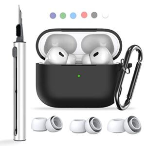 [7 in 1] airpods pro case with cleaner kit&replacement ear tips,with keychain and anti-lost string accessories,cleaning pen for air pods pro eartips with noise reduction hole(sizes s/m/l) - black