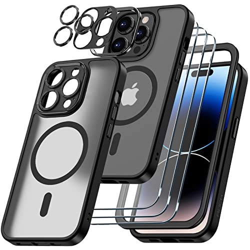 [7 in 1] Magnetic Case for iPhone 14 Pro (6.1-inch) Case [MIL-Grade Drop Tested & Compatible with MagSafe] Translucent Matte Back with Aluminum Alloy Keys, Anti-Fingerprint Anti-Scratch 6.1 Inch