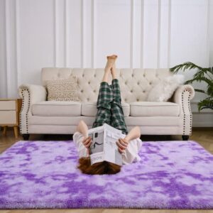 RUGICI Luxury Shag Area Rug, 3x5 Feet, Tie Dyed Purple Plush Fuzzy Rugs for Living Room Bedroom Kids Room Decor, Non-Slip Shaggy Furry Carpets