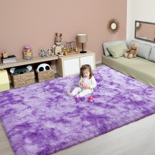 RUGICI Luxury Shag Area Rug, 3x5 Feet, Tie Dyed Purple Plush Fuzzy Rugs for Living Room Bedroom Kids Room Decor, Non-Slip Shaggy Furry Carpets