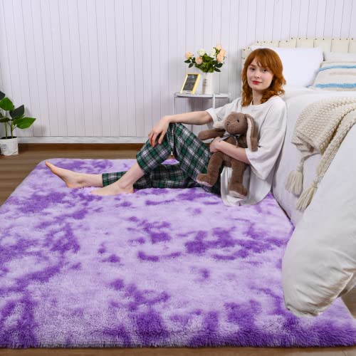 RUGICI Luxury Shag Area Rug, 3x5 Feet, Tie Dyed Purple Plush Fuzzy Rugs for Living Room Bedroom Kids Room Decor, Non-Slip Shaggy Furry Carpets