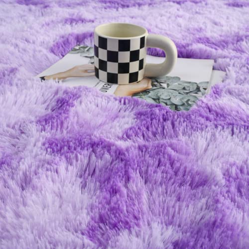 RUGICI Luxury Shag Area Rug, 3x5 Feet, Tie Dyed Purple Plush Fuzzy Rugs for Living Room Bedroom Kids Room Decor, Non-Slip Shaggy Furry Carpets