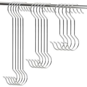 Frcctre 30 Pack Stainless Steel S Hooks Large S Shape Hanging Hooks, 8"/12"/16" Utility Heavy Duty Metal Long S Hooks for Garden Kitchen Bathroom Wardrobe, Indoor & Outdoor Use