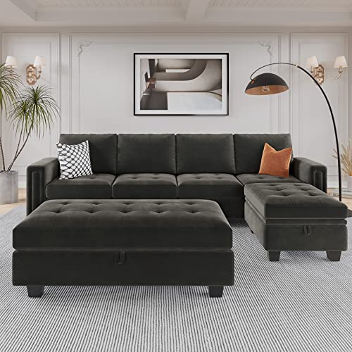 Belffin Velvet Convertible 4-Seat Sectional Sofa with Reversible Chaise L Shaped Sofa Couch Furniture Sets Sectional Couch with Storage Ottoman Grey