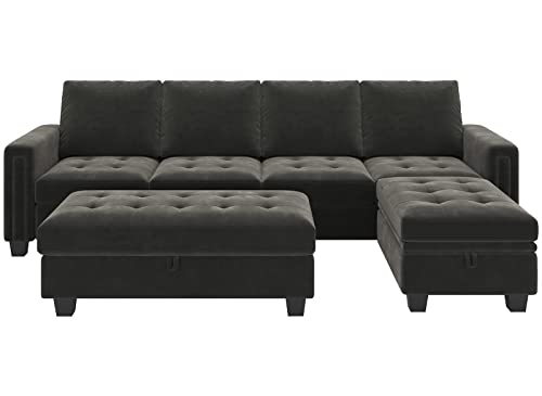 Belffin Velvet Convertible 4-Seat Sectional Sofa with Reversible Chaise L Shaped Sofa Couch Furniture Sets Sectional Couch with Storage Ottoman Grey