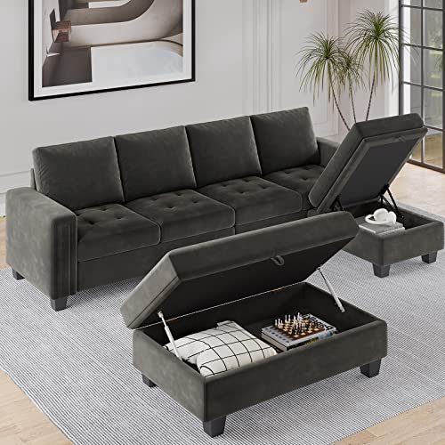 Belffin Velvet Convertible 4-Seat Sectional Sofa with Reversible Chaise L Shaped Sofa Couch Furniture Sets Sectional Couch with Storage Ottoman Grey