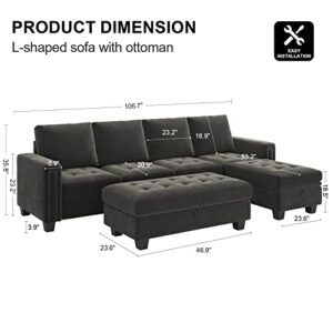 Belffin Velvet Convertible 4-Seat Sectional Sofa with Reversible Chaise L Shaped Sofa Couch Furniture Sets Sectional Couch with Storage Ottoman Grey