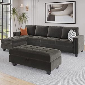Belffin Velvet Convertible 4-Seat Sectional Sofa with Reversible Chaise L Shaped Sofa Couch Furniture Sets Sectional Couch with Storage Ottoman Grey