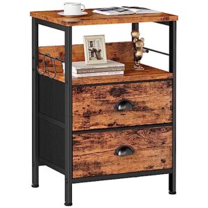 furologee nightstand with 2 fabric drawers, bedside table, end table with open wood shelf, side sofa table with 2 hooks for bedroom/living room/study/halway/rustic brown
