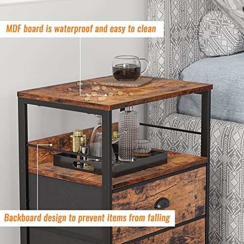 Furologee Nightstand with 2 Fabric Drawers, Bedside Table, End Table with Open Wood Shelf, Side Sofa Table with 2 Hooks for Bedroom/Living Room/Study/Halway/Rustic Brown