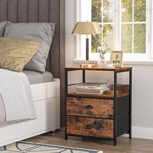 Furologee Nightstand with 2 Fabric Drawers, Bedside Table, End Table with Open Wood Shelf, Side Sofa Table with 2 Hooks for Bedroom/Living Room/Study/Halway/Rustic Brown