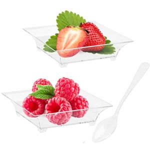 zezzxu 100 pack 1 oz mini dessert plates with spoons reusable plastic appetizer trays square small party serving bowls for trifle, cheesecake, chocolate truffles, ice cream