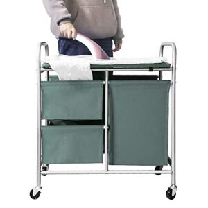 JEFEE Rolling Laundry Sorter Cart Heavy Duty 3 Bags Laundry Hamper Sorter Cart with Ironing Board Removable Bags for Dirty Clothes Storage 26"Lx 16.5"Wx 29"H Blue Grey………