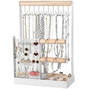 jewelry organizer stand necklace holder, 4 in 1 jewelry holder with earring organizer and removable ring tray, double-side 20 hooks jewelry stand for necklaces earrings bracelets bangles watches rings