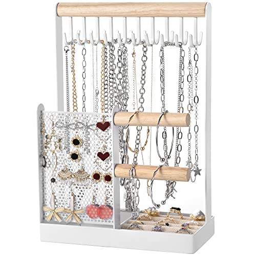 Jewelry Organizer Stand Necklace Holder, 4 In 1 Jewelry Holder with Earring Organizer and Removable Ring Tray, Double-Side 20 Hooks Jewelry Stand for Necklaces Earrings Bracelets Bangles Watches Rings