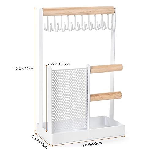 Jewelry Organizer Stand Necklace Holder, 4 In 1 Jewelry Holder with Earring Organizer and Removable Ring Tray, Double-Side 20 Hooks Jewelry Stand for Necklaces Earrings Bracelets Bangles Watches Rings