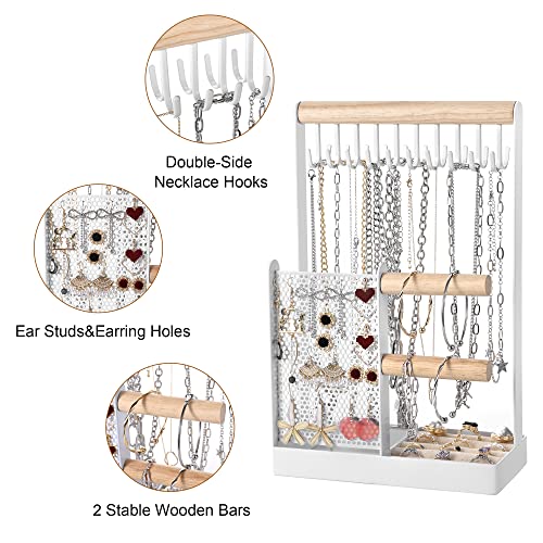 Jewelry Organizer Stand Necklace Holder, 4 In 1 Jewelry Holder with Earring Organizer and Removable Ring Tray, Double-Side 20 Hooks Jewelry Stand for Necklaces Earrings Bracelets Bangles Watches Rings