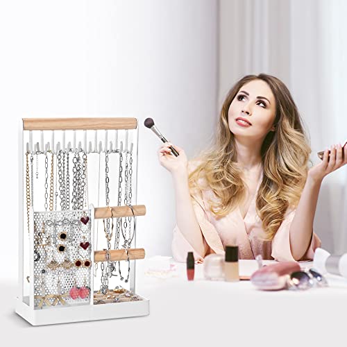 Jewelry Organizer Stand Necklace Holder, 4 In 1 Jewelry Holder with Earring Organizer and Removable Ring Tray, Double-Side 20 Hooks Jewelry Stand for Necklaces Earrings Bracelets Bangles Watches Rings