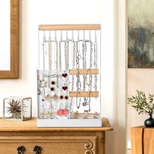 Jewelry Organizer Stand Necklace Holder, 4 In 1 Jewelry Holder with Earring Organizer and Removable Ring Tray, Double-Side 20 Hooks Jewelry Stand for Necklaces Earrings Bracelets Bangles Watches Rings